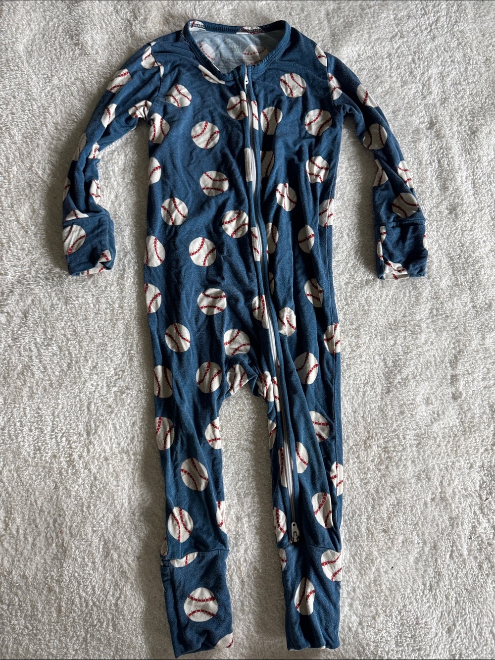 Navy Baseball-Print Kids Zip Front Pajama One-Piece